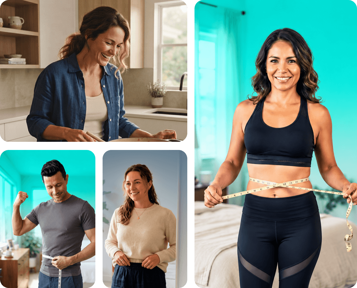 A woman cooking a healthy meal, and a man and a woman smiling as they measure their waist