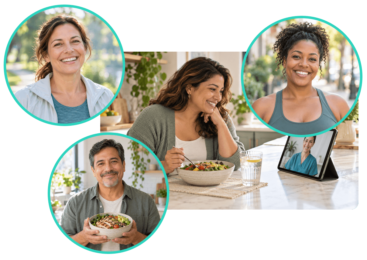 A woman in her kitchen on a video call with her care team, surrounded by people smiling through their day