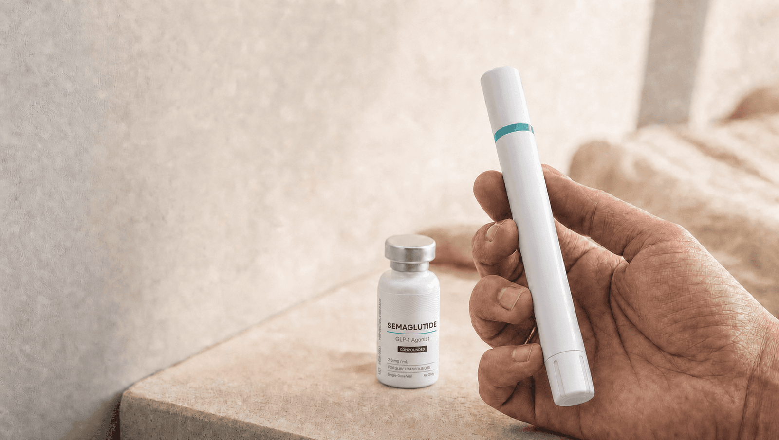 Vial de semaglutida y pluma autoinyectable de Teledris sobre una superficie de piedra cálida, sostenidos en la mano con la luz matinal de la ventana