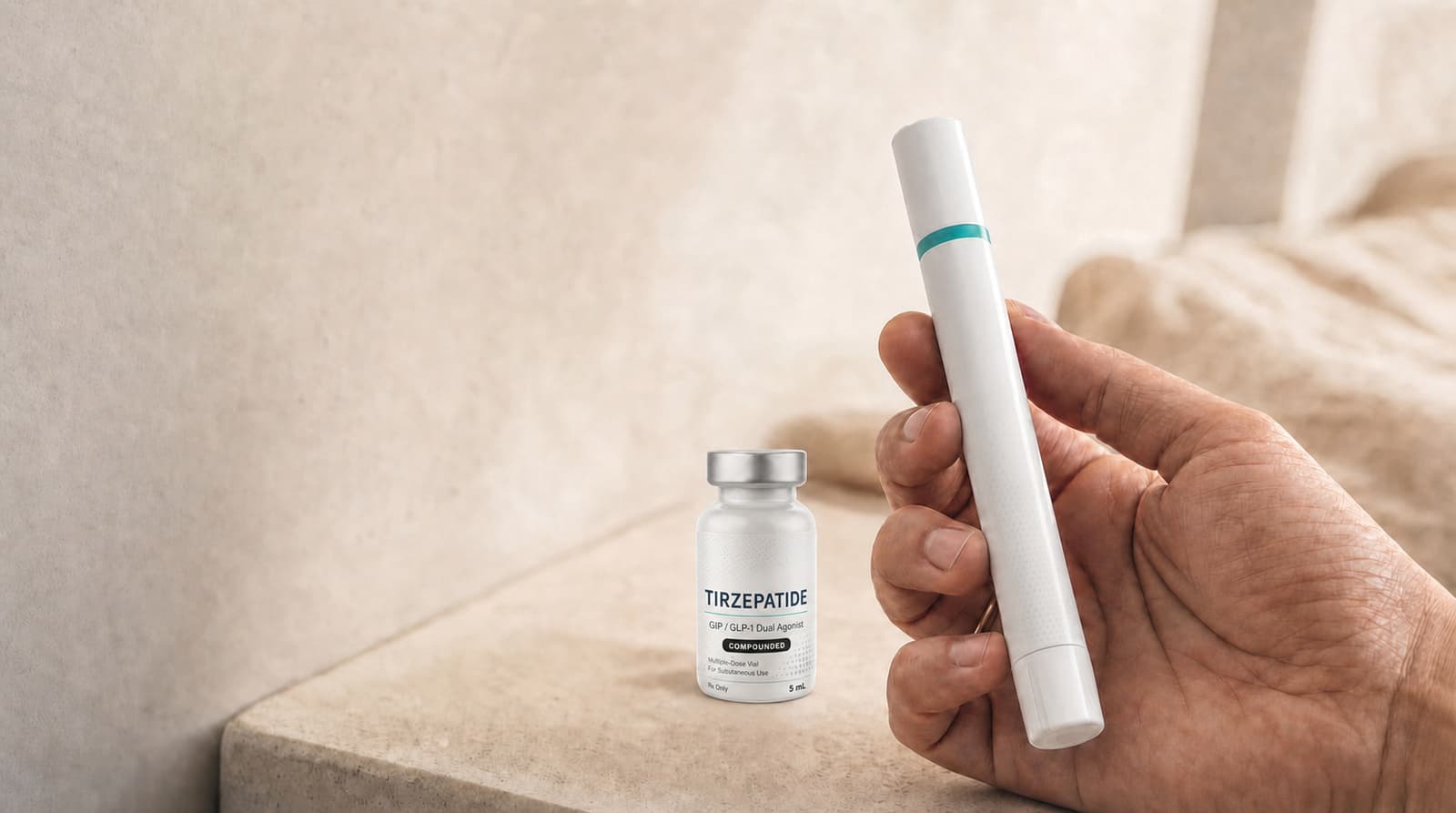 Lifestyle background showing compounded tirzepatide vial and pen